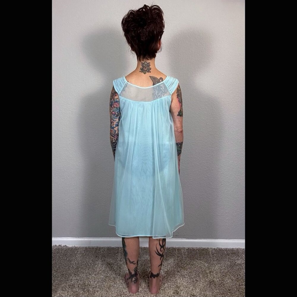 60s Bright Blue Babydoll Double Layer Lingerie Embroidered Floral Mod Pinup M L - Picture 13 of 15